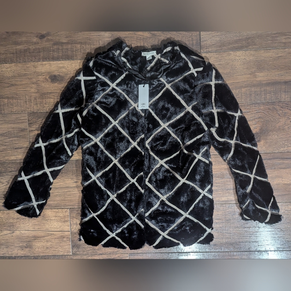Love Riche Women's Black Velvet & Ivory Ribbon Striping Lined Jacket Size L NWT